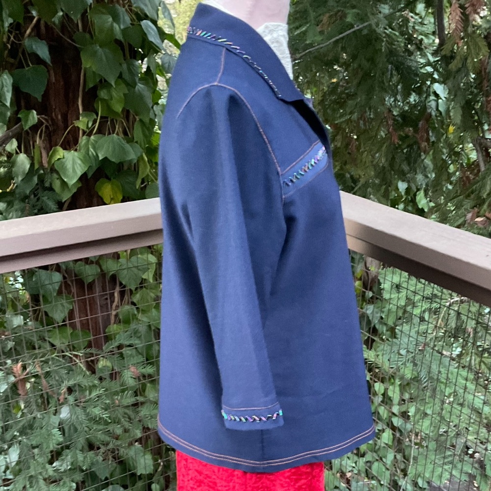 VTG  stretch Denim look blue western lightweight collared cuffs beads snap top M - Picture 10 of 12